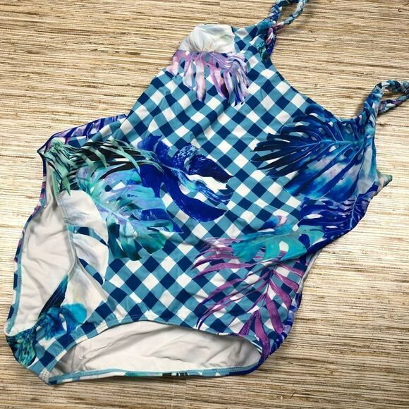 M-75 6 Shore Road braided straps one-piece Swimsuit BLUE Gingam size M $150 - Picture 1 of 1